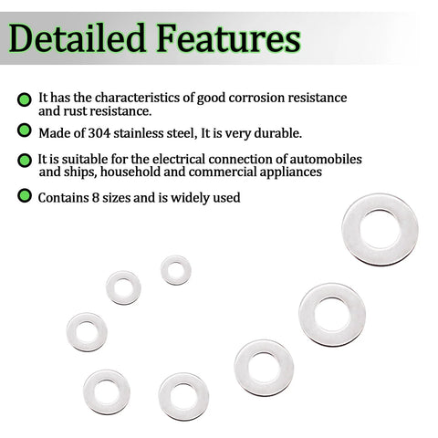 Flat washers assortment kit, 270 pcs, 304 stainless steel, 8 sizes for screws and bolts