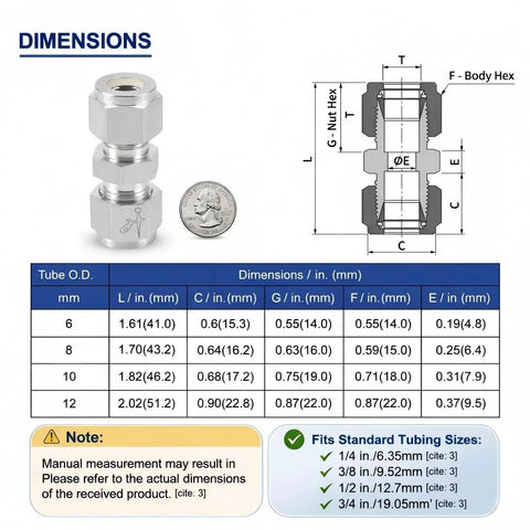 VALVENTO 316 stainless steel compression tube fitting 8mm x 8mm straight union adapter with double ferrules