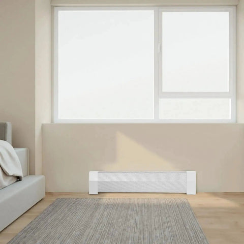 Beefy Heavy Duty 3 Ft Baseboard Heater Cover, white steel, installed in bedroom, showing front panel