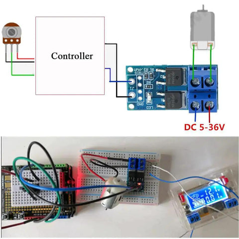 Diagram and setup of Dual High Power MOSFET Trigger Switch Drive Module For PWM Control, showcasing connections and components.