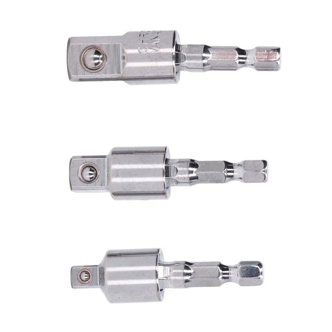 KANASI electric drill socket adapter set, 3-piece chrome with rotating sleeves and square-drive ends