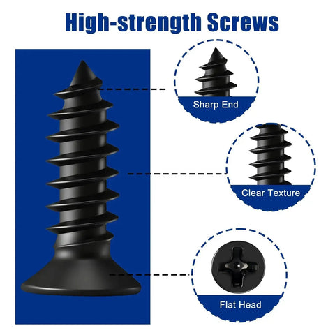 Close-up of black screw from 22Pc L Bracket Corner Brace Set Black Stainless Steel 90 Degree Right Angle Brackets With 44 Screws And Storage Tin.
