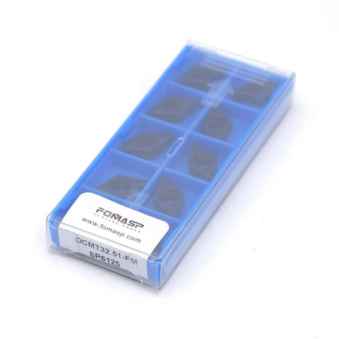 Blue box of CNC Carbide Inserts Pro Grade DCMT 32.51 And DCMT 11T304 PM for semi-finishing turning on steel with chip breaker.
