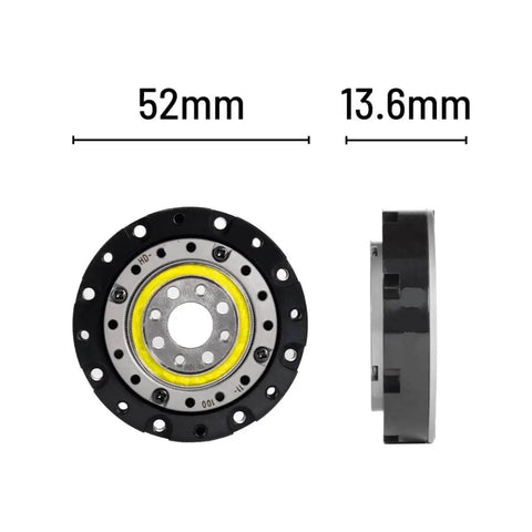 Front and side view of Harmonic Drive HD11 Strain Wave Gearbox Motor 100 To 1 Low Backlash Reducer with 52 mm mounting interface.