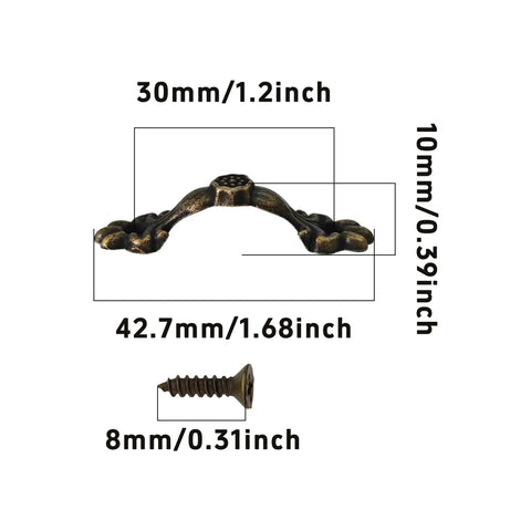 Dimensions of 30 Pack Antique Bronze Floral Arch Drawer Pulls 1.7 by 0.4 Inches with screws and 30mm center hole spacing