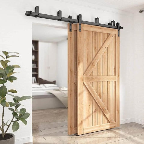 12 Foot Low Ceiling Heavy Duty Beefed Up Sliding Barn Door Hardware Kit With Double Track Bypass For Two Doors Black J Shape Bypass Carbon Steel Construction 120Kg Per Track Capacity Fits Doors Up To 72 Inches Wide And Door Thickness 1 3 Eighths To 1 3 installed view on wooden doors