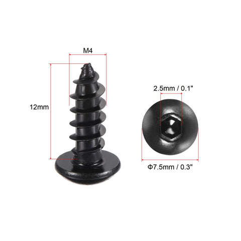 Hex Socket Self Tapping Screws M4 X 12mm Carbon Steel Wood Screws 200 Pieces Self Drilling Fasteners For Wood And Metal Sheets Durable Rust Resistant DIY Hardware, close-up view showing dimensions