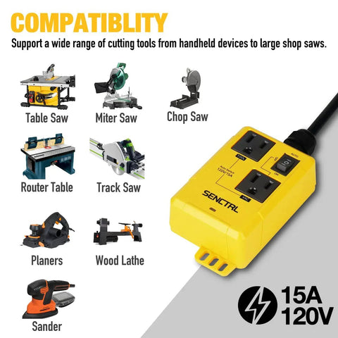 Automatic Vacuum Switch For Power Tools And Table Saws From SENCTRL Auto On Auto Off With Manual Mode Load Sensing On Delay Off Delay Prevent Circuit Overload Fits Vacuum Cleaners And Shop Dust Collectors Accessory next to tool compatibility chart.