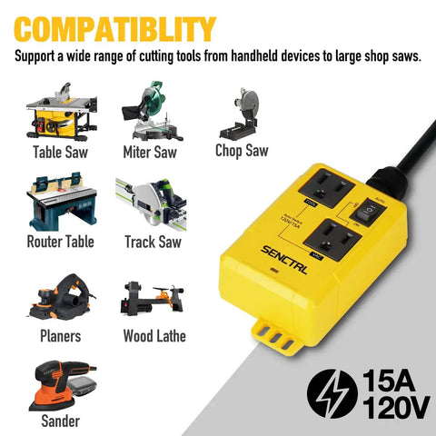 Automatic Vacuum Switch With Five Foot Power Cord For Power Tools And Table Saws Lets Your Vacuum Turn On And Off Automatically When The Tool Starts, Includes On Delay To Prevent Overload And Delayed Shutoff For Dust Collector, shown in yellow with various compatible tools.