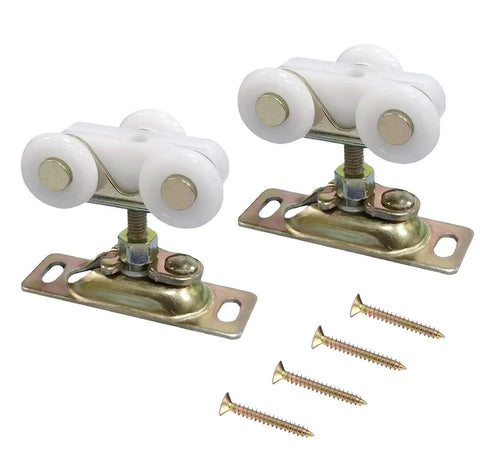 3/4 Inch Sliding Pocket Door Rollers Assembly With Top Hanger Replacement Wheels For Bypass Pocket Doors And Closet Doors, Supports 1-3/8 Inch Thick Doors, Three 3/4 Inch Wheels For Smooth Quiet Operation Up To 220 Lbs Per Panel with mounting screws.