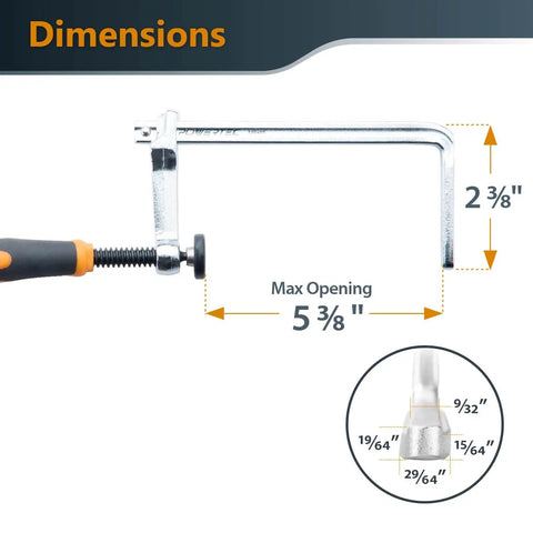 Dimensions of Beefy Quick Screw Down Guide Rail Clamps for MFT Tables and Track Saw Guide Rails, 5-3/8 Inch Opening