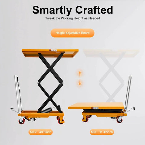 Double scissor hydraulic lift table cart with orange platform, black frame, four wheels; height adjustable 11–50 inches.