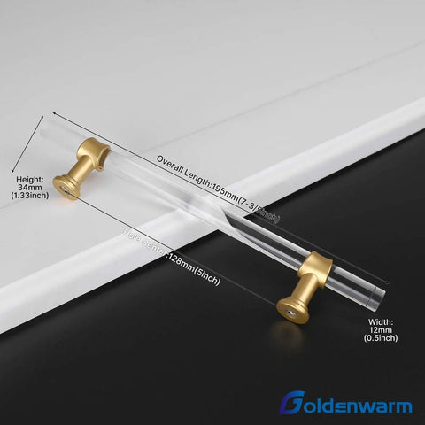 10 Piece 5 Inch Gold Cabinet Handles Set Crystal Acrylic Drawer Pulls With Brushed Brass Finish for cabinets and dressers