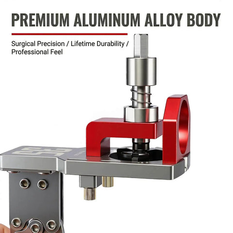 Close-up of 35mm Concealed Hinge Jig System for Cabinets, aluminum body, showing secure clamp and modular extension ruler.