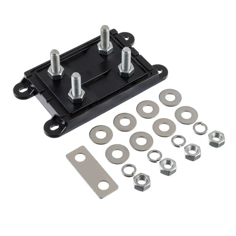 Two Way AMG Mega Fuse Holder ANM B2 Bolt On Fuse Block with nuts, washers shown separately; 32V DC car protection accessory