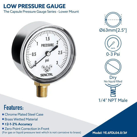Low Pressure Capsule Gauge 0 to 3 Psi for Air Water and Gas Testing, Two And A Half Inch Dial, Quarter Inch NPT Lower Mount.