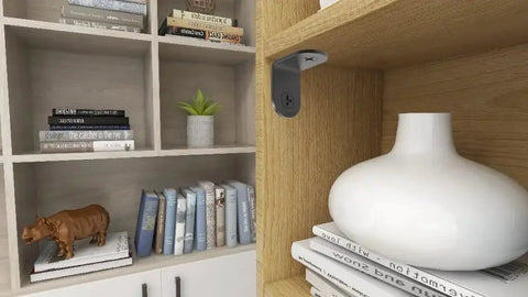 Black L Shaped Corner Brackets 1x1x0.6 Inch installed on wooden shelf, holding books and decor, stainless steel, heavy duty set of 20