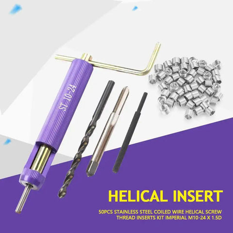 10-24 UNC Helical Inserts Kit For Aluminum With Stainless Steel Thread Repair Inserts ST Tap And Tool Included Fix Stripped Threads Reinforce Weak Material All In One Built To Last Heavy Duty Repair Solution, showing tools and coiled inserts.