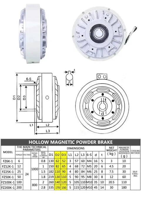 Diagram and specifications of 6 Nm Magnetic Powder Brake DC 24V Hollow Shaft 1000 RPM Unwinding Tension Control FZ6K1