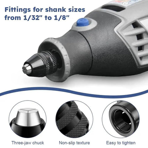Drill Chuck Collet Set For Dremel Tools, showing three-jaw chuck and text on shank sizes from 1/32" to 1/8"