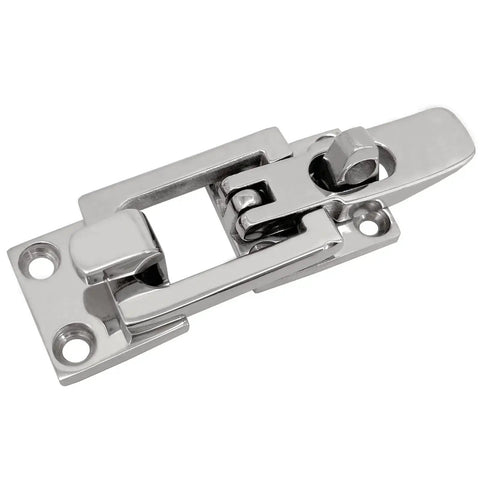 Stainless steel marine boat hatch latch with mounting plate and lockable hold-down mechanism, close-up view