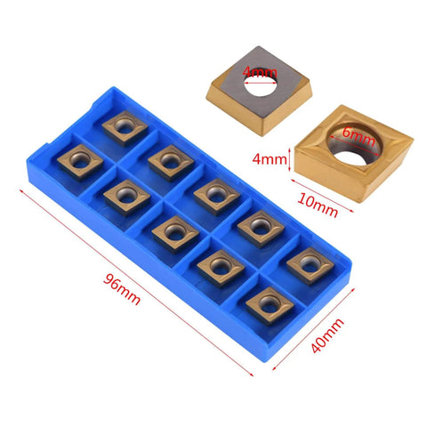 CCMT Turning Insert Set 32.5 Degree Carbide Inserts 9T304 For CNC Lathe Machining 10 Pack With Box, blue holder, dimensions visible