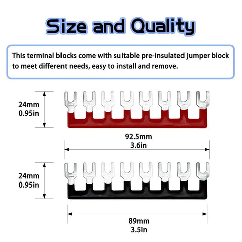 4 Sets 8-Position 600V 25A Terminal Blocks With Cover, Dual Row Ground Bus Bar Wire Screw Terminal Kit, sizes shown