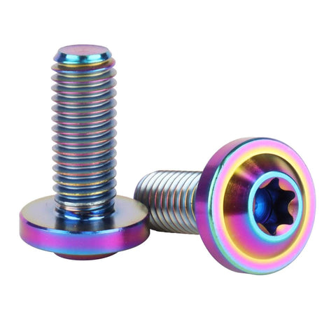 Front view of Rainbow Titanium M8x20mm Torx Head Bolts Set Of 4, Grade 5 6AL/4V Titanium Alloy, showing vibrant colors.