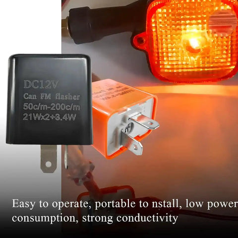 Close-up of 12V adjustable LED flasher relay for cars and motorcycles, 2 pin hyper flash fix for turn signals, installed view.
