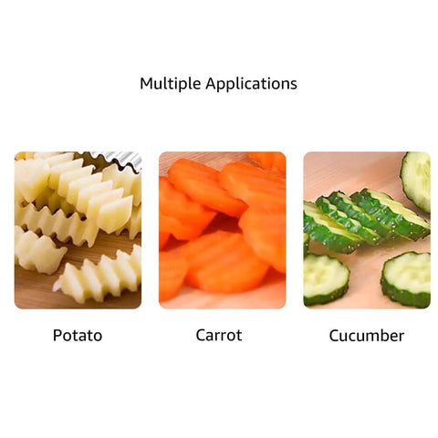 Crinkle cut slices of potato, carrot, and cucumber using Crinkle Cutter Set With Stainless Steel Waffle Blade Two Pack Veggie Cutter.