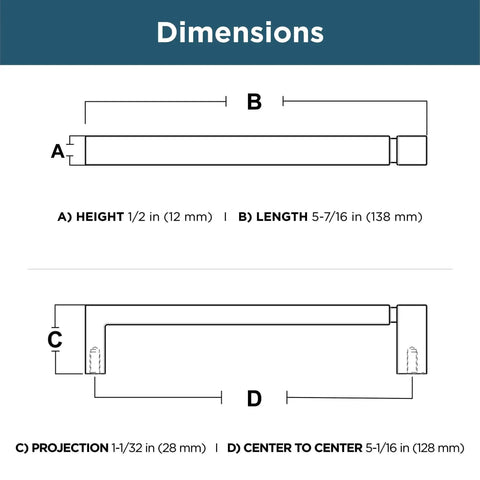 Brushed Brass Modern Cabinet Handles Ten Pack With Five And One Sixteenth Inch Center To Center Pulls For Drawers And Doors Ideal For Kitchen Cabinets And Dressers With Asymmetric Contemporary Design - Dimension diagram showing height, length, projection, and center to center measurements.