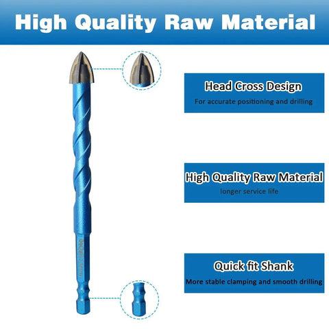 10 Piece Masonry Diamond Drill Bit Set With Quick Change Shanks For Concrete Wood Plastic Brick Ceramic Tile BeQell Carbide Tip Core Bits One Quarter To One Half Inch Range RPM 2000 To 5000 DIY Friendly Gift For Weekend Warriors displayed with features like head cross design, high quality material, and quick fit shank.