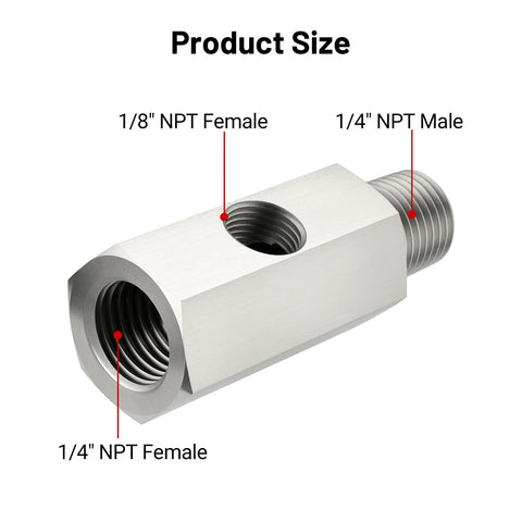 EVIL ENERGY stainless steel oil pressure tee adapter with 1/4 NPT female, 1/4 NPT male, and 1/8 NPT female port.