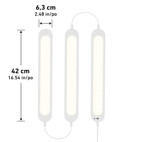 RGB Under Cabinet Lighting Kit with Motion Sensor featuring 3 ultra-thin panels, shown with dimensions for kitchen or wardrobe use