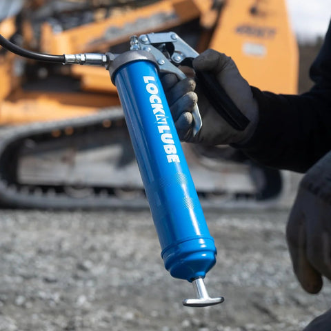 LockNLube heavy-duty pistol-grip grease gun in blue with 20-inch hose and inline swivel