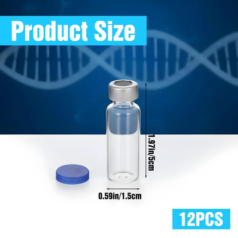 Glass 5ml vials with blue flip caps for liquid sample storage; 12 pcs