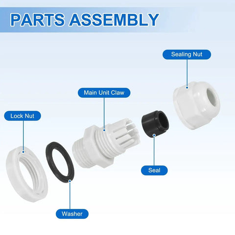Image showing parts assembly of Adjustable PG11 Cable Glands 6 to 10mm PA6 Nylon IP68 Waterproof Connectors With Seals.