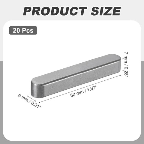 Round Ended Feather Keys Set, 20 Pcs, 50x8x7mm Stainless Steel Drive Shaft Keys, product size dimensions shown