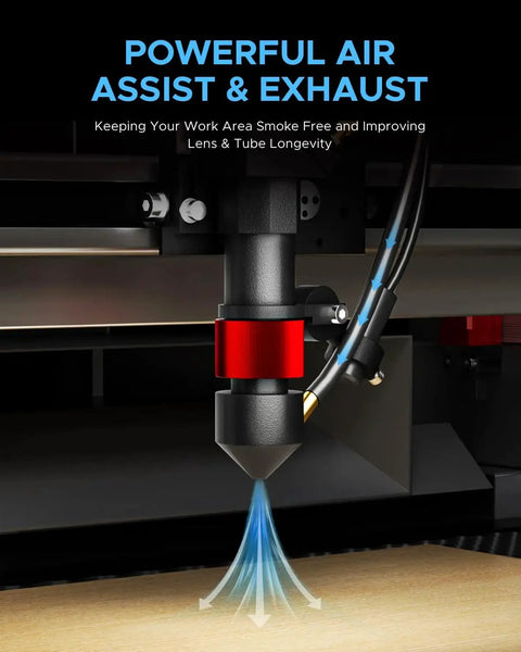 Powerful 45W CO2 Laser Engraver For Home Use And Hobbyists, 12x8 Inch Desktop Laser Cutter showing adjustable air assist head