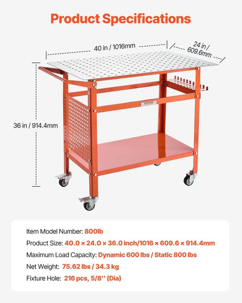 Beefy 40-Inch By 24-Inch Welding Table On Wheels With 800 Lbs Static Load And 600 Lbs Dynamic Capacity, Locking Brakes