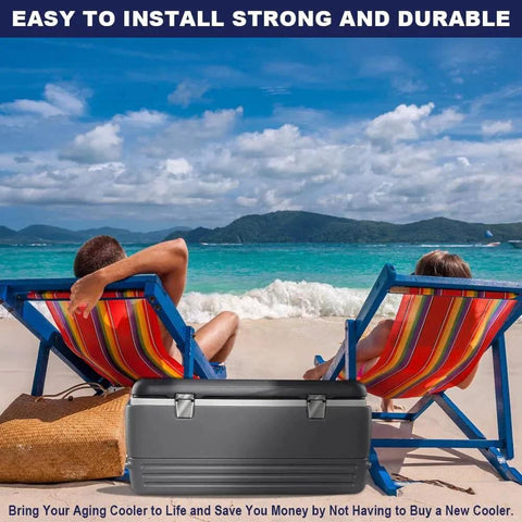 Stainless Steel Cooler Hinge And Latch Set Replacement Parts Kit For Ice Chests on a beach with two people relaxing