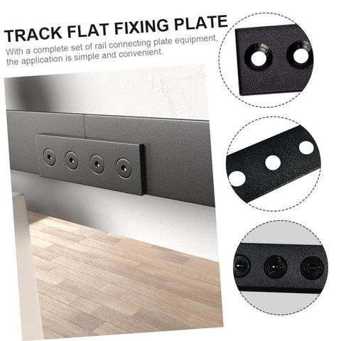 Track Splicing Metal Joint Plate For Barn Door Track, flat bracket connector, carbon steel, shown installed on wall.