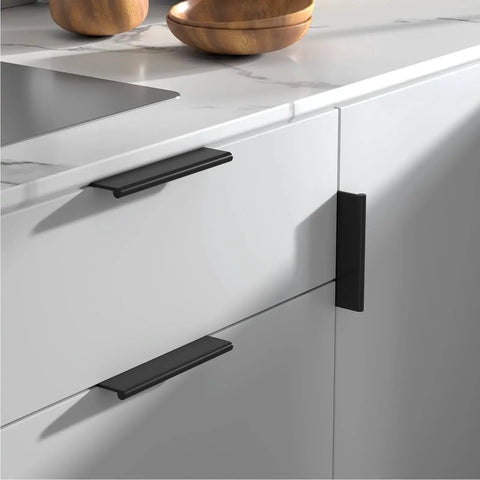 20 Pack Black Cabinet Pulls 3 Inch Edge Finger Pull Aluminum Alloy Hardware Installed on White Kitchen Cabinets