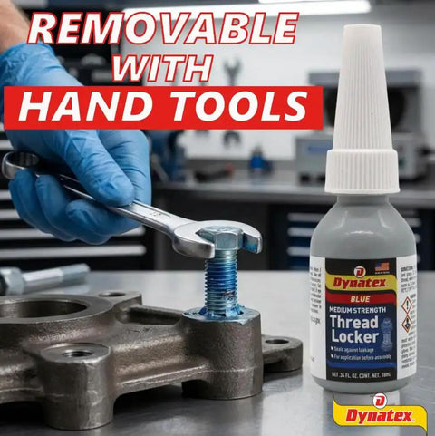 Person using hand tools with Blue Medium Strength Thread Locker For Metal Fasteners 0.34 Oz Bottle 8 Pack Removable product in view