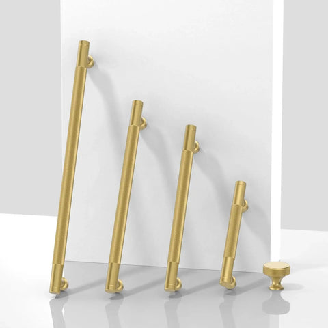 Set of 10 Pack Brushed Gold Knurled Cabinet Pulls 5 Inch 128mm Ideal For Kitchen Cabinets And Drawers displayed with varying sizes.
