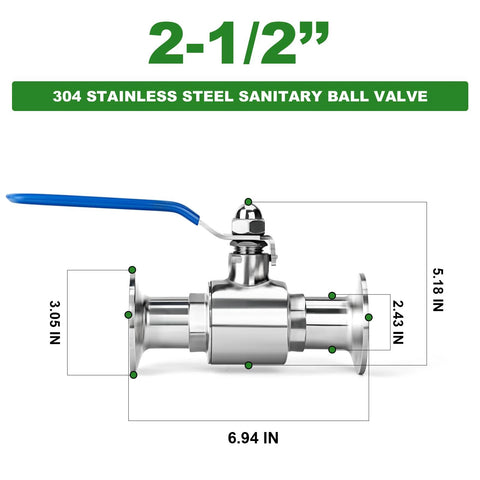 Sanitary ball valve, 304 stainless steel, blue lever handle, 2-1/2 in tube OD with tri-clamp flange