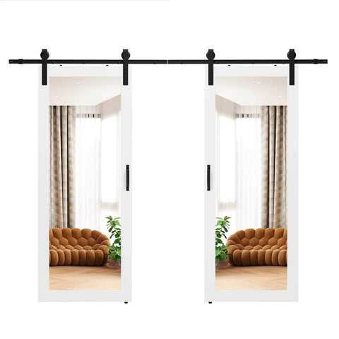 Mirrored Barn Door Set 64x84 Inches With Two 32x84 Mirror Panels Sliding Hardware Kit Included Pre Drilled Double Door Slab Decorative Full Length Mirror Insert In White MDF For Space Saving Interior Doors.
