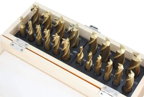 Pro Grade TiN Coated HSS End Mill Set 20 Piece Inch Sizes Three Sixteenths to Three Quarters in wood case