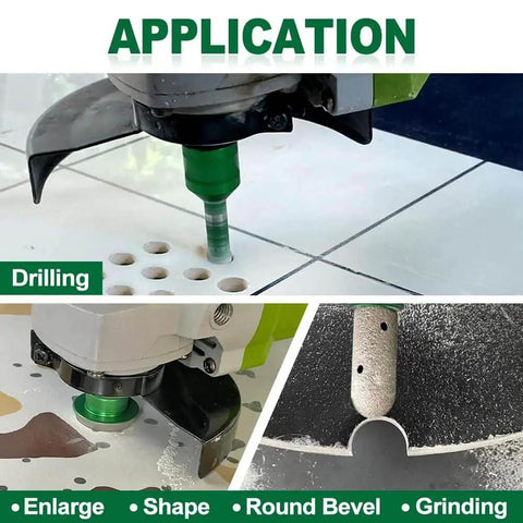 Pro Grade Diamond Core Drill Bits Kit For Tile And Stone with various bits drilling holes and beveling tile surfaces