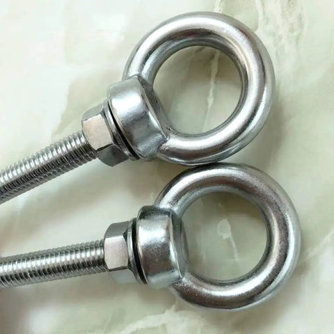 Close-up of Shoulder Eye Bolts M8 Stainless Steel Built Tough Heavy Duty With Washers And Nuts for lifting and securing cables, 2 pack
